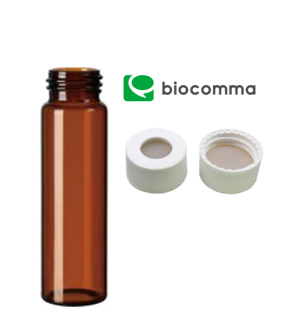 Lọ VOA Vial 40ml màu nâu có ren vặn 24-400, nắp vặn nhựa polypropylene trắng chuẩn 24-400, lỗ trung tâm 15mm, có lớp đệm PTFE và silicone tự nhiên (đk 22x3 mm), đóng gói 100 lọ/hộp, Hãng Biocomma, TQ