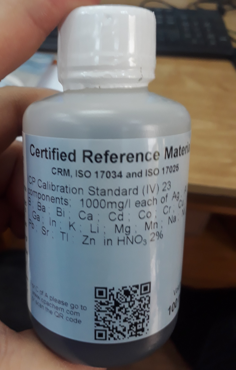 Dung dịch chuẩn ICP (IV) 23 thành phần 1000mg/l each of Ag ; Al ; B ; Ba ; Bi ; Ca ; Cd ; Co ; Cr ; Cu ; Fe ; Ga ; In ; K ; Li ; Mg ; Mn ; Na ; Ni ; Pb ; Sr ; Tl ; Zn in HNO3 2%, ISO 17034 & 17025